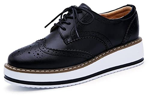 DADAWEN Women's Platform Lace-Up Wingtips Square Toe Oxfords Shoe Black Leather US Size 9/Asia Size 41/25.5cm