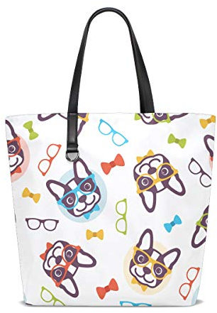 BKEOY Große Damen-Hand-Schultertasche Cartoon Hipster Funny Hund Tote Reißverschluss Shopper Organizer Taschen