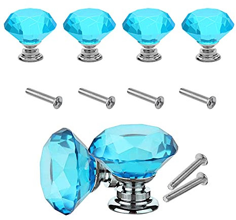 6 Pieces Sky Blue Crystal Door Knob with Screw Bolt, Diamond Handles for Drawers Dresser Cupboard Door Knobs Home Decoration, Glass Aluminum Alloy
