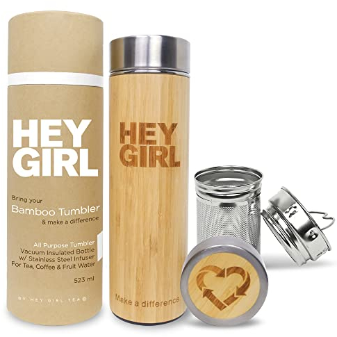 Botella infusora de té de bambú con difusor de té y colador para té suelto, termo de té y botella de agua de 18 onzas de capacidad, vaso de té aislado de acero inoxidable que mantiene caliente y frío