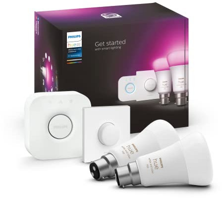 Philips Hue White & Colour Ambiance Smart Bulb Twin Pack LED [B22 Bayonet Cap] - 1100 Lumens (75W Equivalent). Works with Alexa, Google Assistant and Apple Homekit