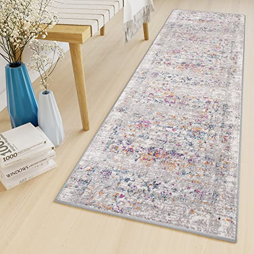 TAPISO Lazur Teppich Läufer Meterware Kurzflor Flur Wohnzimmer Modern Blau Rosa Lila Creme Grau Orange Blumen Bunt Meliert ÖKOTEX 80 x 600 cm