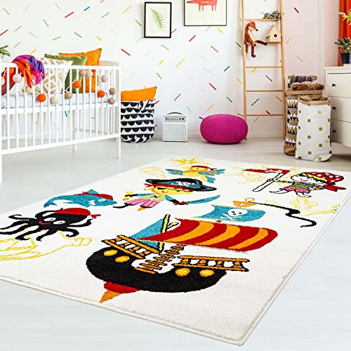 carpet city Kinderteppich Pirat Creme/Bunt - 140x200 cm - Piraten-Teppich Kinderzimmer - Tier-Motive Spielteppich - Kinderzimmerteppiche Modern - Schadstoffgeprüft