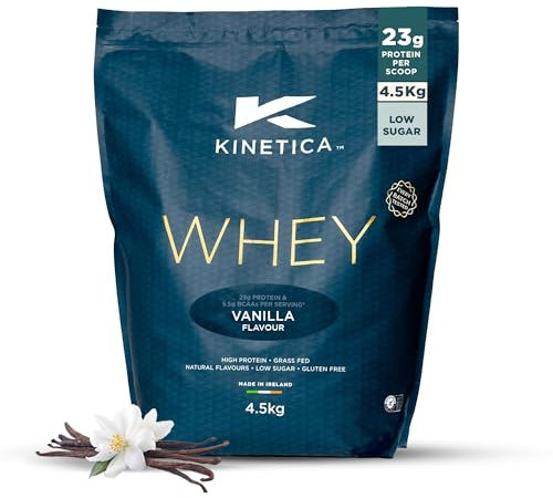 Kinetica Sports Whey Protein Powder - Vanilla Flavour | 23g Protein/Serve,130 Servings/4.5Kg Pack | Gluten Free Supplement | Optimum for Muscle Growth & Recovery | Mixes Well with Water, Milk & Shakes