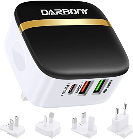 Universal Travel Adapter 32W USB C Fast Charger International Travel Plug Adapter 3 USB Travel Charger Wall Charger with UK/USA/EU/AUS Power Worldwide Plug Adaptor for iPhone, MacBook, iPad, Android