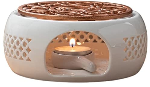 Scoutteemo Teapot Tea Light Teapot Warmer, Tea Warmer Coffee Warmer, Porcelain Heater, Ceramic White Tea Cozy with Spoon and Lid, Coffee Warmer, Retro Tealight Holder for Insulation Heating