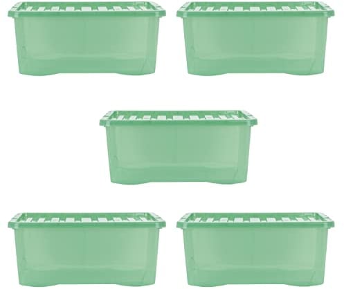 Wham Crystal 5 x 45L Stackable Plastic Storage Boxes with Lids | Ideal for Home, Office, Toys & More | Large Boxes | Made in UK - Leprechaun Green