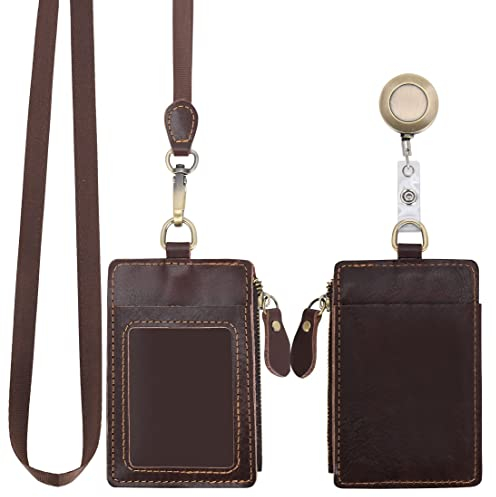 Wonderpool Pelle Porta Badge Porta Carte Tasca a Portafoglio Cerniera con Cordino da Collo Staccabile e Portachiavi Retrattile filo acciaio per Chiavi Monete ID Carte Permesso Tesserino (Caffè)