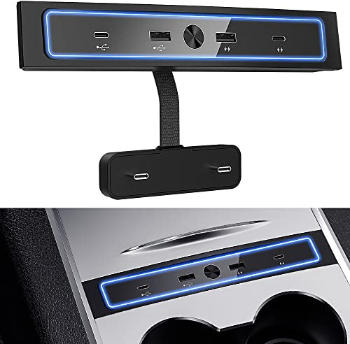 Verbessertes Auto-USB-Ladegerät für Modell 3/Y 2021–2023, 4-in-1-Multiport-USB-Hub-Dockingstation mit blauem LED-Licht für Mittelkonsolen-Adapter, Modell 3/Y Zubehör mit 27 W PD-Ladung