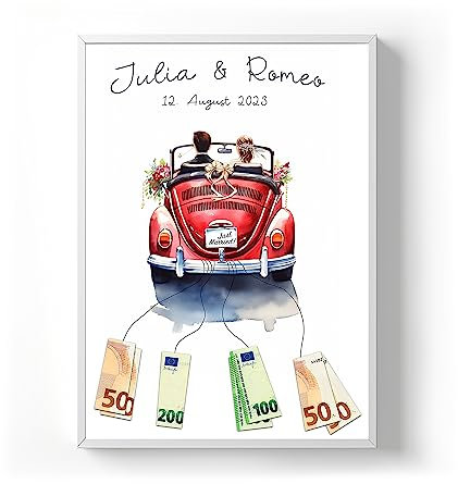 codiarts. personalisiertes Geldgeschenk Poster optional mit Rahmen, Gastgeschenk Hochzeit mit Namen und Datum, Hochzeitsgeschenke für Brautpaar | Geldgeschenke Geschenk Wedding (Auto 3, DIN A3)