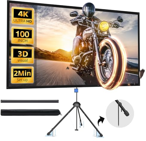 Projector Screen with Stand, Paris RHÔNE 100-inch Outdoor Indoor Projector Screen 16:9 4K HD PVC, 1.5 Gain Portable Wrinkle-Free Movie Screen for Home Backyard Theater with Carry Bag, Ground Nails