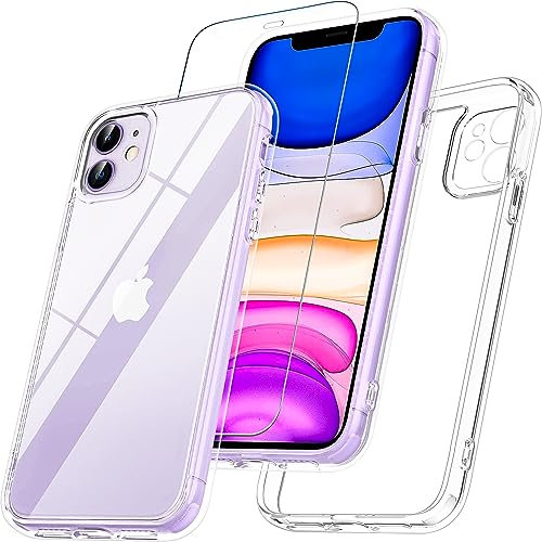 For iPhone 11 Case, iPhone 11 Phone Case 6.1 with Tempered Glass Screen,[Shockproof Military Grade Drop] Transprent Back Camera Protector,Skin-Friendly Touch Protective Slim Phone Cover,Crystal Clear