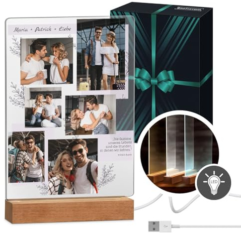 Maverton beleuchteter LED-Fotoaufsteller, Glasbild mit LED-Beleuchtung | Personalisiertes LED-Acrylglas mit eigenem Foto für Paare, Glasbild zur Hochzeit zum Valentinstag, Größe: 21x32x4,5cm