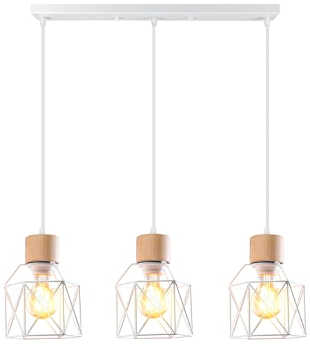 iDEGU Lampara Techo Colgante 3 Luces Vintage Iluminación de Techo de Madera Metal Lámpara de Araña Estilo Jaula Nórdico Lámpara Colgante para Dormitorio Salón Cocina Comedor (Madera, Barra, Blanco)
