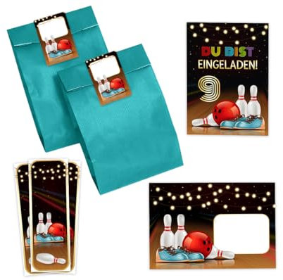 Minkocards 12 Einladungskarten zum 9. Kindergeburtstag Kegeln Bowling Mädchen Jungen Einladungen neunte Geburtstag incl. 12 Umschläge, 12 Partytüten/petrol, 12 Aufkleber, 12 Lesezeichen