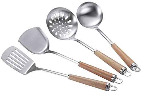 Tagtight Edelstahl Küchenhelfer-Set, Wok-Pfannenwender, Schöpflöffel und Schaumlöffel+ Nudelsieb + Bratspatel mit Massivholz - Wok und Haken, Wok Besteck, Hohe Qualität Küchenutensilien-Set