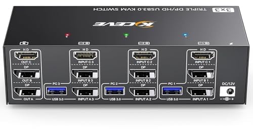 USB 3.0 KVM Switch 3 PC 3 Monitore 4K@144Hz 8K@60Hz, HDMI+2 Displayport KVM Switch Triple Monitor für 3 Computer Teilen 3 Monitore und 4 USB3.0 Geräte, mit Kabelfernbedienung und 12V Netzteil