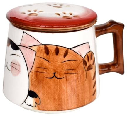 TYMYYS/Ceramic Tea Cup with Loose Leaf Infuser, Tea Infuser Mug with Lid, 350ml, Japanese Hand Painted Camellia Tea Cup-Cat-350ml/12.3oz, FK2BF22222C922B