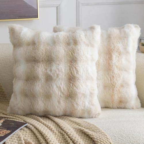 MADIZZ 2er set Sanft Plüsch Kurze Wolle Samt Dekorativ Zierkissenbezüge Luxus Stil Kissenbezug für Sofa für Schlafzimmer Weiß Beige 55x55 cm