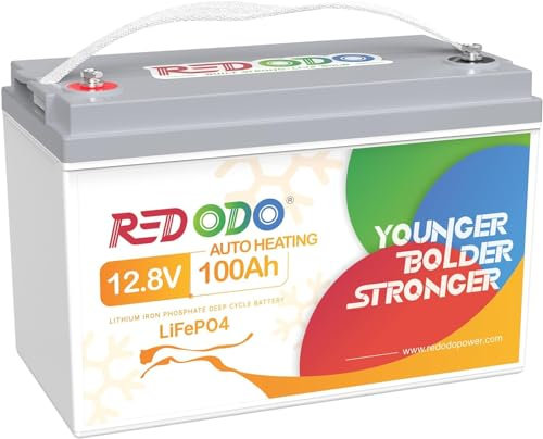 Redodo Batteria 12V 100Ah LiFePO4 con auto riscaldamento, supporta la ricarica a bassa temperatura della batteria al litio,4000+ cicli profondi, perfetta per camper e aree fredde fuori rete.