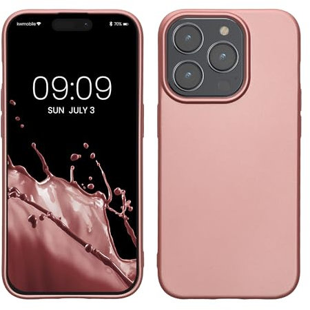 kwmobile Case Compatible with Apple iPhone 15 Pro Case - Soft Slim Metallic TPU Silicone Cover - Metallic Rose Gold