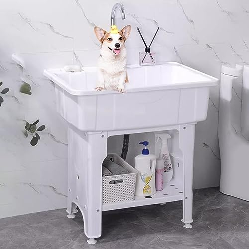 Fregadero de lavandería con tabla de lavado y kit de drenaje para lavandería, fregadero de plástico independiente para garaje, sótano, jardín, grifo frío individual