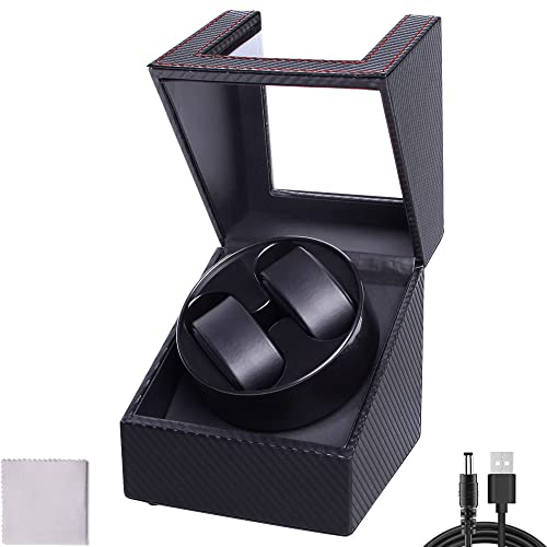 Automatik Uhrenbeweger Box Automatische Uhrenbox aus PU Leder Beweger Uhrenkasten für 2 Uhren mit Ultra-leiser Motor, Flexibles Uhrenkissen Aufbewahrung von Automatikuhren (Kohlefaser)
