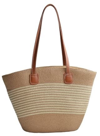 NICOLE & DORIS Bolso Tote Grande Bolso Mujer de Playa Bolso Bandolera de Paja Bolso de Hombro Tejida Bolso Shopper Cesta Bolsos para Picnic, Verano, Compras Raya Beige