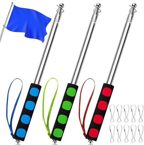Heveer Asta telescopica per bandiera, 3 pezzi, 1,6 m, in acciaio inox, telescopico, con 10 clip, per viaggi, campeggio, insegnanti, guida turistica