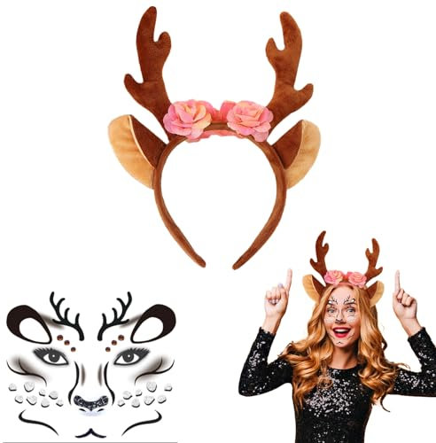 BOOSHMall Karneval Kostüm Damen Mädchen, Haarreifen Rentier Hirsch Reh Tattoos Set, Hirschgesicht Tattoo, Haarreif Reh Geweih Hörner für Damen, für karneval Halloween Maskerade Party Tattoo Aufkleber