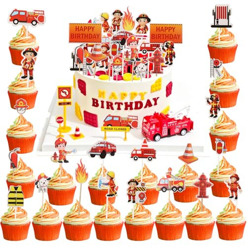 42Stk Feuerwehr Geburtstag Kuchendeckel, Feuerwehrmann Cupcake Toppers, Feuerwehr Kuchenaufsatz, Happy Birthday Feuerwehrauto Muffin Deko, Feuerwehrmann Thema Tortendeko für Jungen Kinder Party