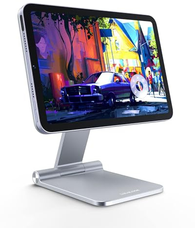 LULULOOK Foldable Magnetic Stand for iPad mini 7/Mini 6 8.3inch, Silver | Aircraft-Grade Aluminum, with Rotating Base, Strong Magnetic Adsorption,Foldable Tablet Desk Stand for Drawing for Viewing