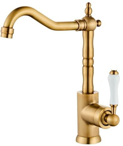 Robinet d'évier de cuisine en laiton antique - Poignée unique - Robinet de bar vintage - Robinet mélangeur à trou unique avec rotation à 360 ° - Long Curve Spout haut arc - Salle de bain - Ferme -