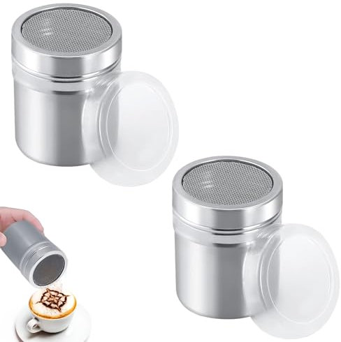 vcsjw 2 Stück Puderzuckerstreuer,Kakaostreuer für Cappuccino,Edelstahl Puderzuckermühle,Puderzucker Streuer mit zwei Verschlusskappen,für Kakao,Kaffee,Schokolade,Zucker,Salz