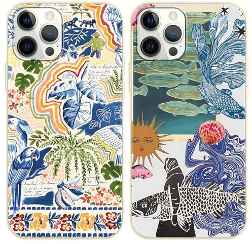 Phoona 2 Packs Art Collage Pattern Phone Case for iPhone 12 Pro Max 6,7, Cute Aesthetic Design Print Funda with TPU Slim Liquid Silicone Protection Shockproof Soft Cover for Women Girls