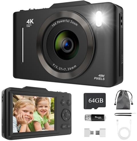 Digital Camera, 4K 48MP Compact Digital Cameras with 64G SD Card, 16X Digital Zoom/Autofocus/Anti Shake, Rechargeable 2.8'' Screen Vlogging Camera for Kids Beginners Teen (Black)