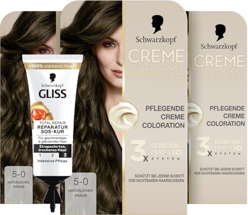 Schwarzkopf Creme Supreme Coloration 5-0 Natürliches Braun (3x 182 ml), dauerhafte Haarfarbe mit Serum und Haar-Maske & SOS-Intensiv-Kur Total Repair (15 ml), Haarkur mit Keratin