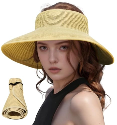 HarnyLoom Sun Visor Hat with Wide Brim for Women Ladies UK, Foldable Straw Hat with Roll Up Packable for Summer Vacation. (UK, Alpha, One Size, Dark Beige)