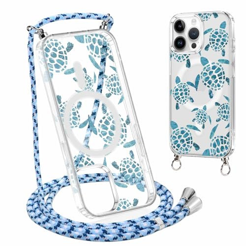 Votvloay Magnetique Coque pour iPhone 15 Pro Max 6,7 Con Cordon, Compatible avec MagSafe, Aesthetic Motif Tortues Étui Laniere Collier Corde Case Transparent Silicone TPU Antichoc Protection Housse