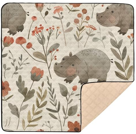Niedliches Nilpferd, Wasserfarben, Blumen, Braun, Khaki, groß, rutschfest, für Babys, Kleinkinder, 127 x 127 cm