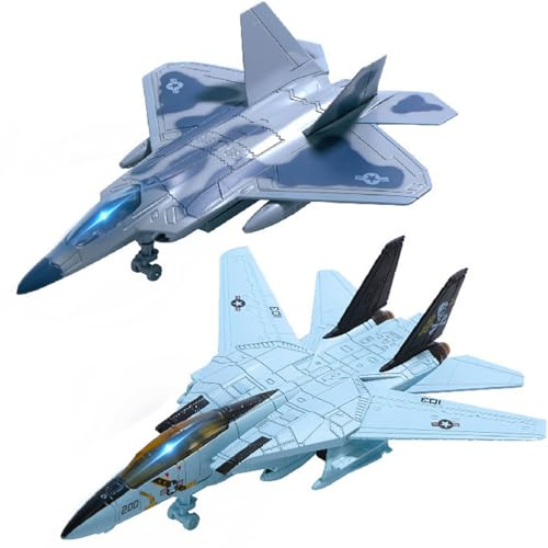 Diecast Pull Back Fighter Jet Toys for Toddlers, 2 Pack Airplane Models | F14 & F22 Diecast Planes with Lights & Sounds,Pull Back Military Airplane Toy Gift,Military Aircraft Model for Toddlers