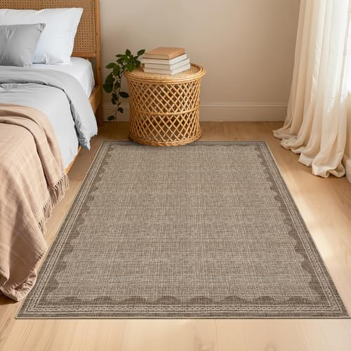 Small Area Rugs Modern Scalloped 80x150cm Washable for Entryway Brown | Non Slip Low Pile Soft Indoor Carpet, Stain Resistant Foldable Floor Mat, Non Fading, Bedroom, Nursery, Office, Study