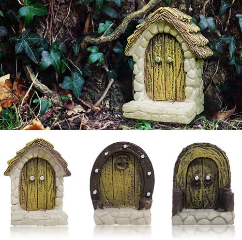 DeBizz Lot de 3 portes de fée, porte de lutin en bois, portes d'elfes, portes miniatures en bois, pour jardin, cour, arbres (1)