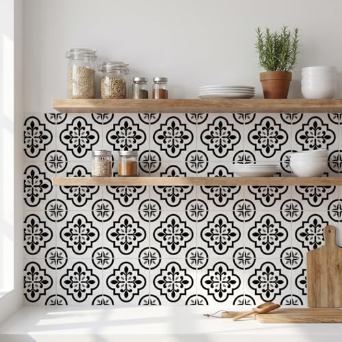 MEIHEA 16 Pack, 5.9 Inch Black and White Peel and Stick Tiles, Removable Victorian Vinyl Decals for Backsplash, Stairs, & Furniture