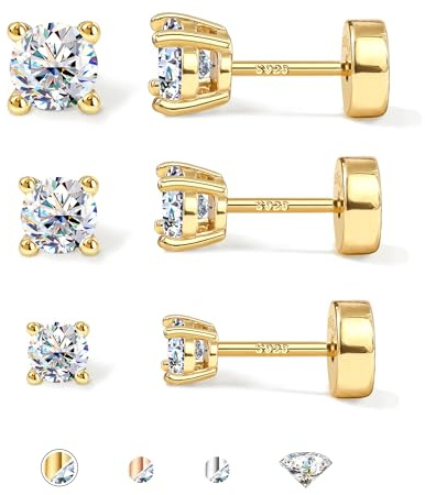 SLLAISS 3 Pairs Moissanite Earrings - Diamond Alternative Earring Set | S925 Sterling Silver Hypoallergenic Cartilage Helix Piercing Jewellery Moissanite Flat Back Earring Rose Gold/Gold/Silver