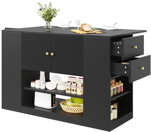 vutizal Kücheninsel mit Ausziehbaren Esstisch, 140x40x90 cm - Moderne Mobile Insel als Sideboard & Buffetschrank mit Schubladen und Regalen, Großer Stauraum, Klappbare Tischplatte, Schwarz