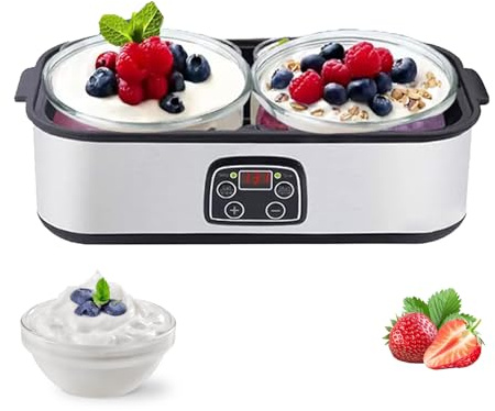 2000ml Yogurt Maker Machine - Stainless Steel Electric Yoghurt Maker with Adjustable Temperature Control & 48H Timer, 2 x 1000ml Glass Jars for Home Fermentation