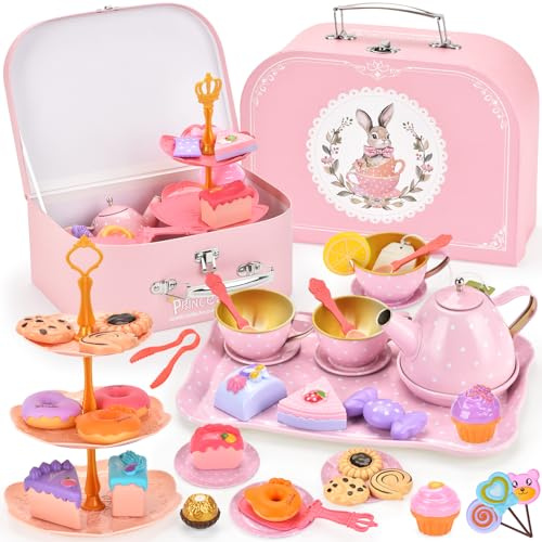JOTOL Teeservice Kinder,Teeparty Dessert Rollenspiele,46 Pcs Zinn Tee Set Spielküche Zubehör,Rosa Bunny Spielzeug Tragetasche,Cupcake Ständer,Dessert-Spielzeug,Geschenk für Mädchen 3 4 5 6 7+ Jahre