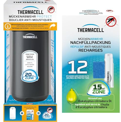 Thermacell Mückenabwehr Protect Basisgerät in modernem Design, für Garten, Terrasse und Camping, Graphit + Mückenabwehr Nachfüllpackung für 12 Stunden (3 Wirkstoffplättchen und 1 Gaskartusche)