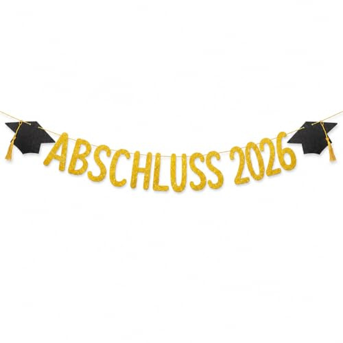 ABI 2026 Deko Gold, Graduation 2026 Deko, Abschluss 2026 Girlande mit Absolventenhut Motiv, Abschluss Dekoration für Abitur Abschlussfeier Party, Graduation Dekoration